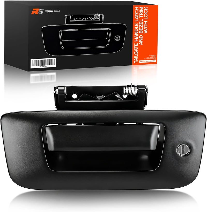 Rogierra Tailgate Handle Latch and Bezel Trim with Lock Cylinder & Rod Clips Compatible with 2007-2014 Chevy Silverado GMC Sierra 1500 2500 3500 HD, Replaces OEM # 22755305 - Image 1